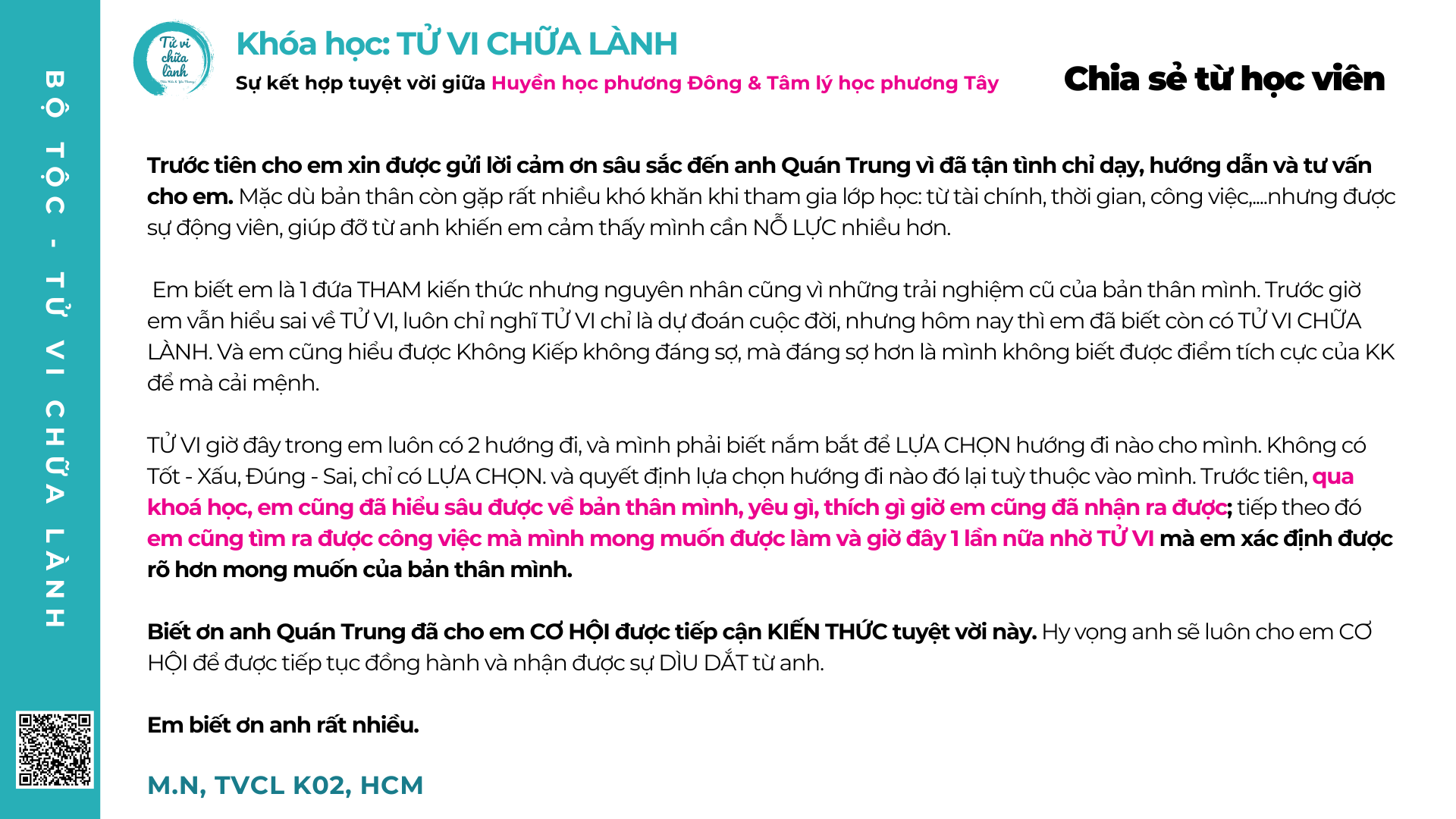Cảm nhận học viên Tử Vi Chữa Lành