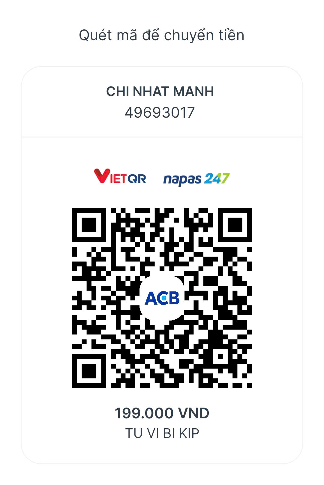 Mã QR chuyển khoản ACB 199.000 VNĐ để tham dự sự kiện